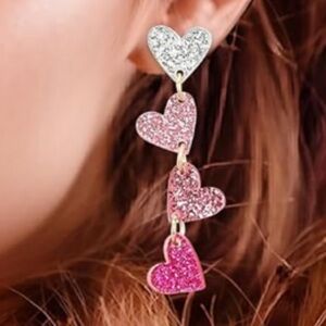 💖NEW Pink Heart Drop Earrings Silver Glitter Enamel Resin Cute Girly Y2K